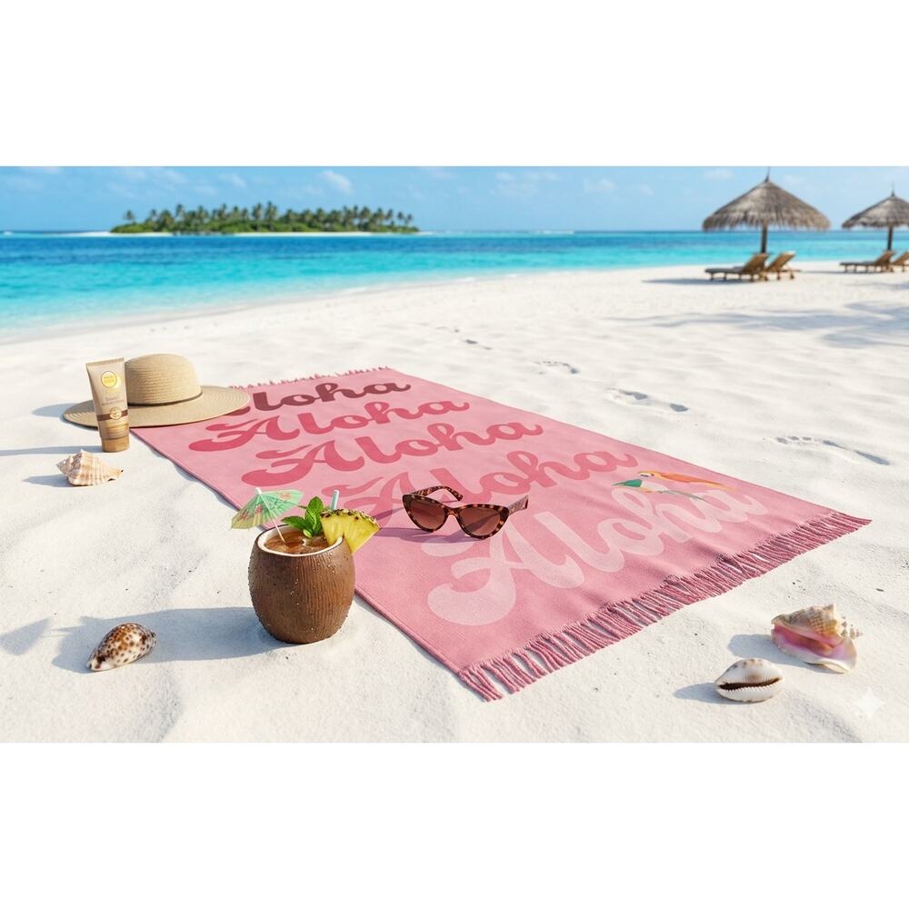 MODA NWT Aloha Rectangle Beach Towel Fringe BLANKET  Pink Red Pool Cruise large